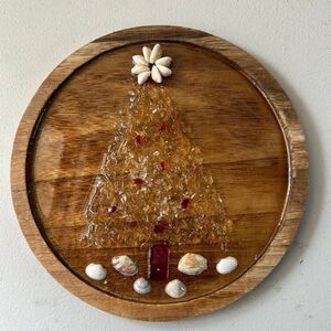 Handmade Hawaiian Christmas Tree Sea Shells Epoxy Wood Plaque Art Decor